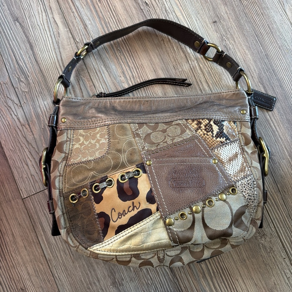 Coach Patchwork Signature Shoulder Bag in Brown and Tan